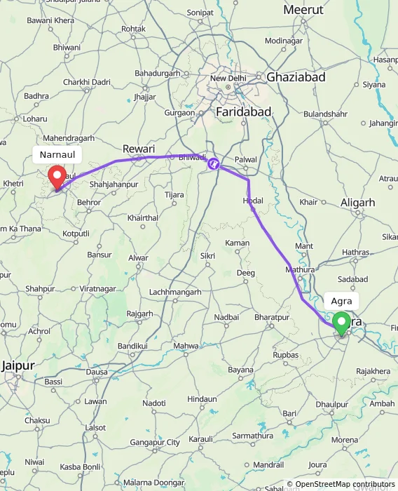 Route map showing distance and travel time from Agra, India to Narnaul, India