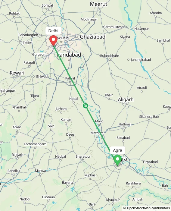 Route map showing distance and travel time from Agra, India to Delhi, India