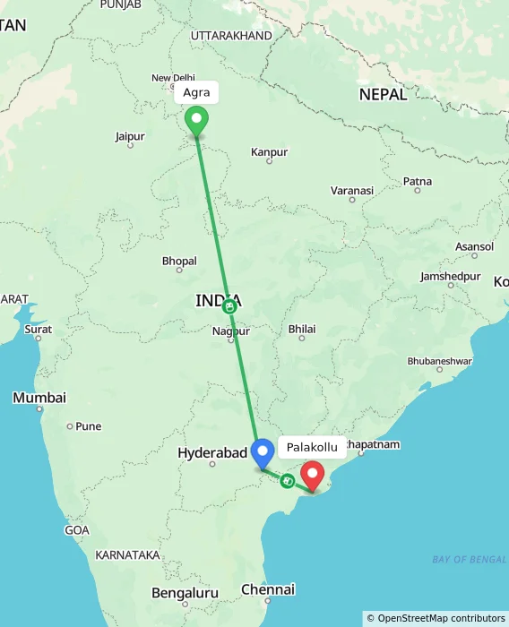 Route map showing distance and travel time from Agra, India to Palakollu, India