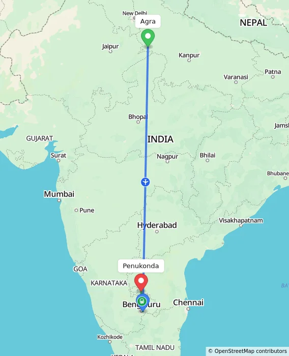 Route map showing distance and travel time from Agra, India to Penukonda, India