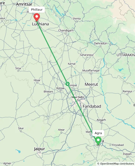 Route map showing distance and travel time from Agra, India to Phillaur, India