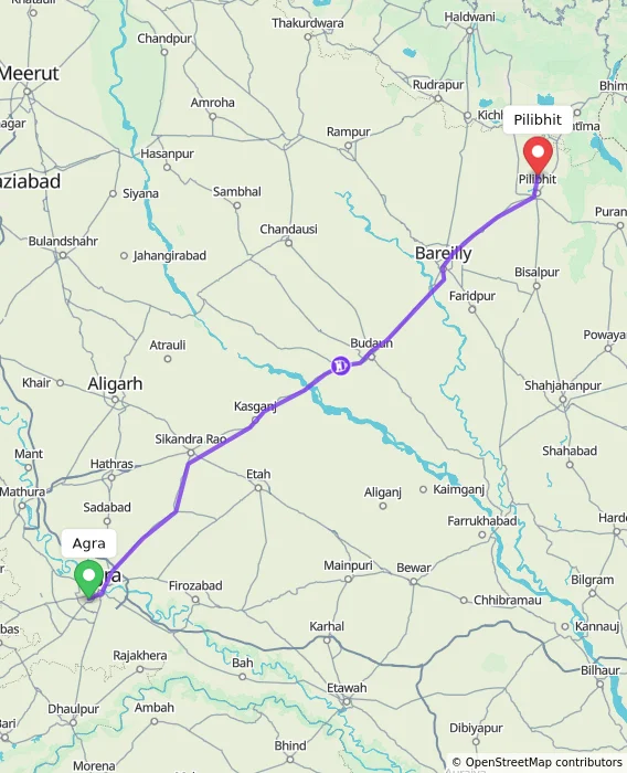 Route map showing distance and travel time from Agra, India to Pilibhit, India