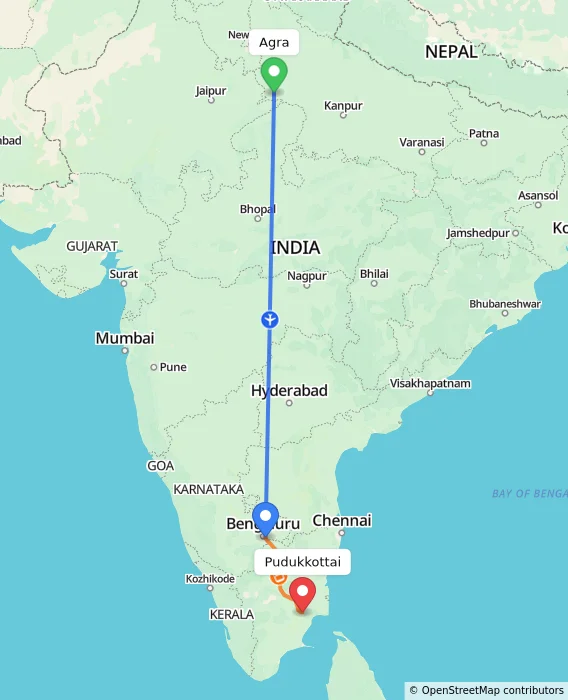 Route map showing distance and travel time from Agra, India to Pudukkottai, India