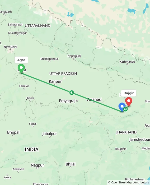 Route map showing distance and travel time from Agra, India to Rajgir, India
