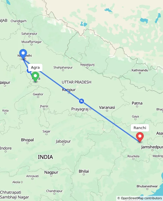 Route map showing distance and travel time from Agra, India to Ranchi, India