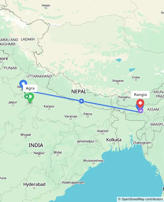Route map showing distance and travel time from Agra, India to Rangia, India