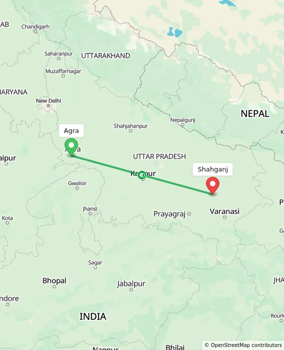 Route map showing distance and travel time from Agra, India to Shahganj, India