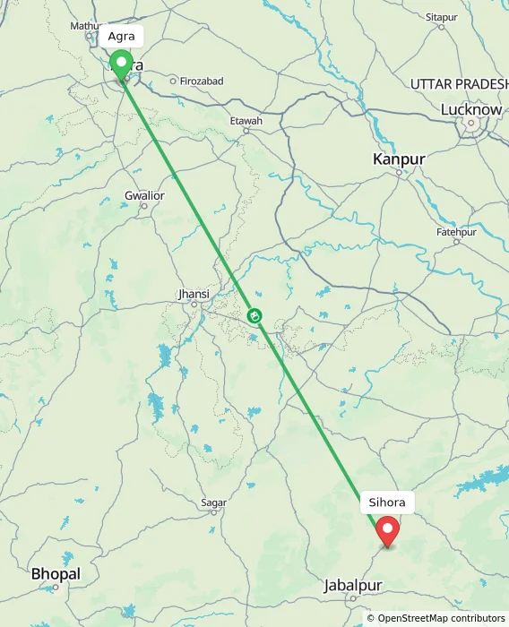 Route map showing distance and travel time from Agra, India to Sihora, India