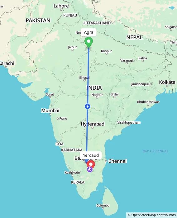 Route map showing distance and travel time from Agra, India to Yercaud, India
