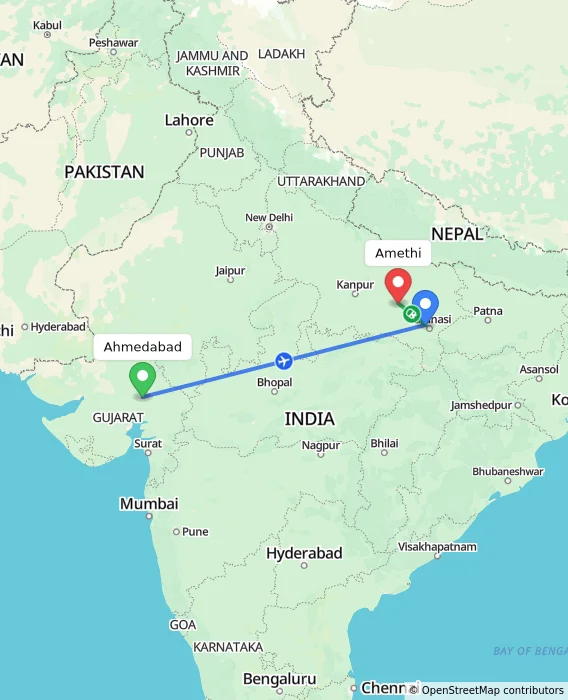 Route map showing distance and travel time from Ahmedabad, India to Amethi, India