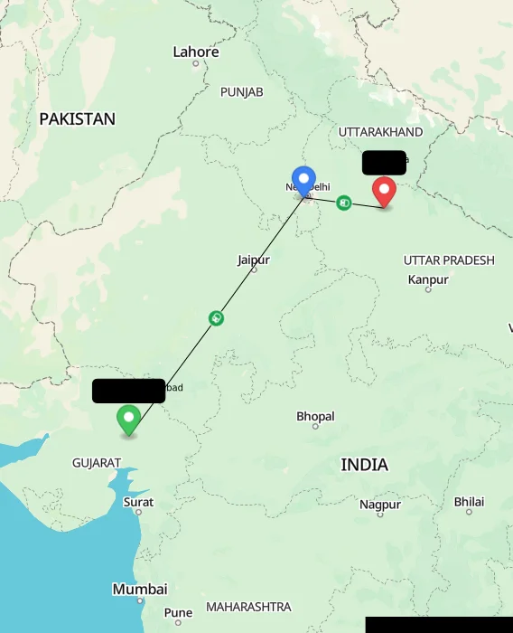 Route map showing distance and travel time from Ahmedabad, India to Aonla, India