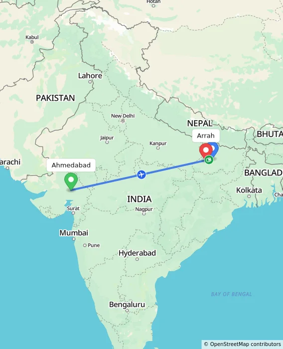 Route map showing distance and travel time from Ahmedabad, India to Arrah, India