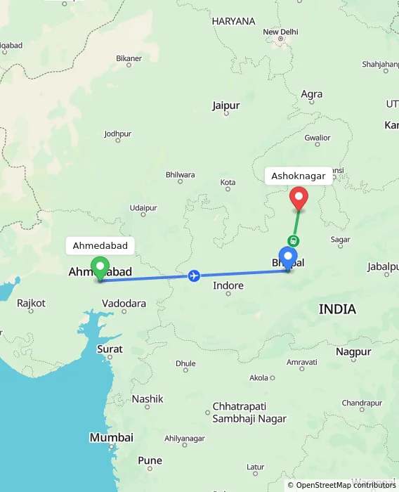 Route map showing distance and travel time from Ahmedabad, India to Ashoknagar, India