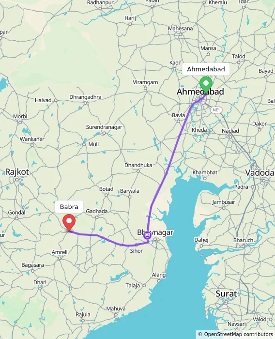 Route map showing distance and travel time from Ahmedabad, India to Babra, India