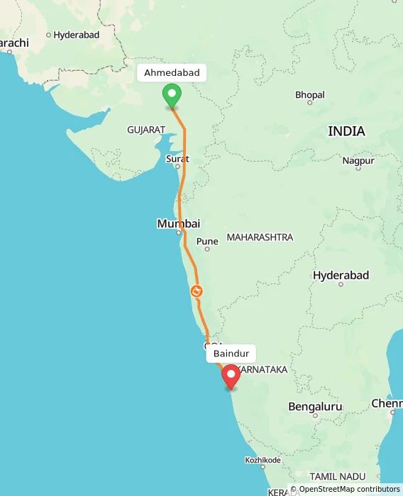 Route map showing distance and travel time from Ahmedabad, India to Baindur, India