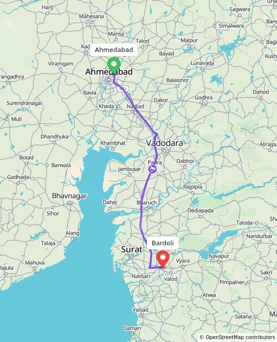 Route map showing distance and travel time from Ahmedabad, India to Bardoli, India
