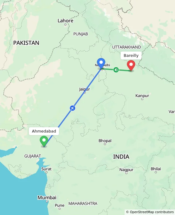 Route map showing distance and travel time from Ahmedabad, India to Bareilly, India