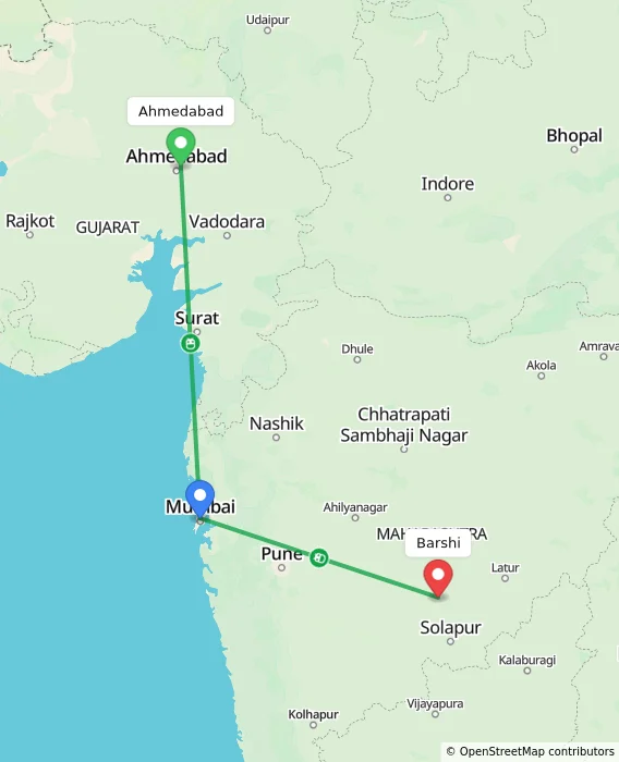 Route map showing distance and travel time from Ahmedabad, India to Barshi, India