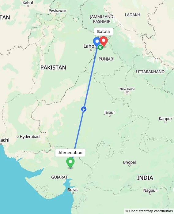 Route map showing distance and travel time from Ahmedabad, India to Batala, India