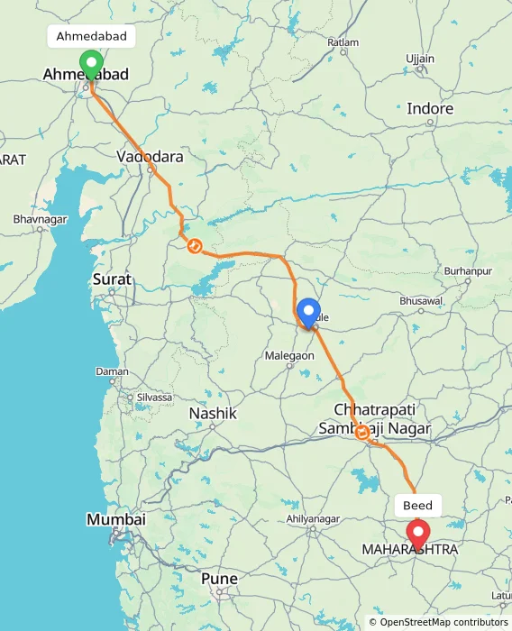 Route map showing distance and travel time from Ahmedabad, India to Beed, India