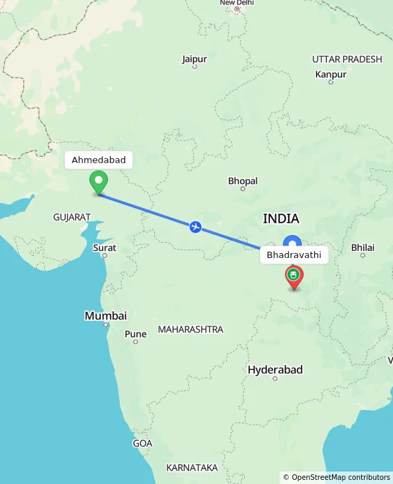 Route map showing distance and travel time from Ahmedabad, India to Bhadravathi, India