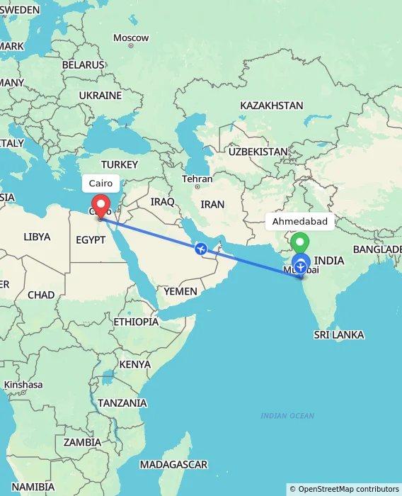 Route map showing distance and travel time from Ahmedabad, India to Cairo, Egypt