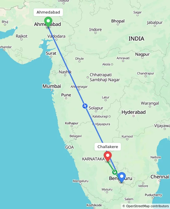 Route map showing distance and travel time from Ahmedabad, India to Challakere, India