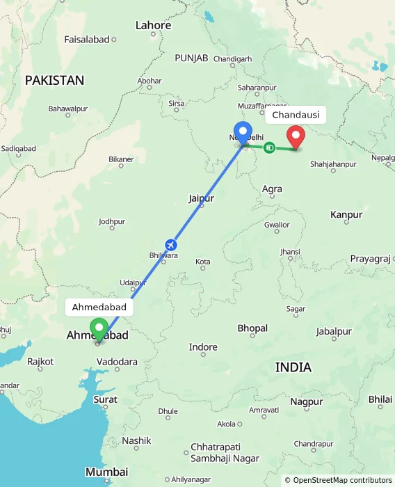 Route map showing distance and travel time from Ahmedabad, India to Chandausi, India