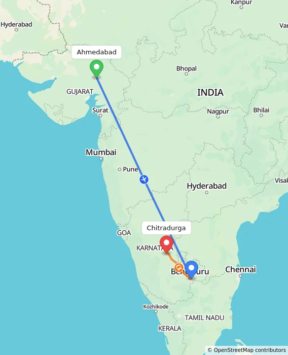 Route map showing distance and travel time from Ahmedabad, India to Chitradurga, India