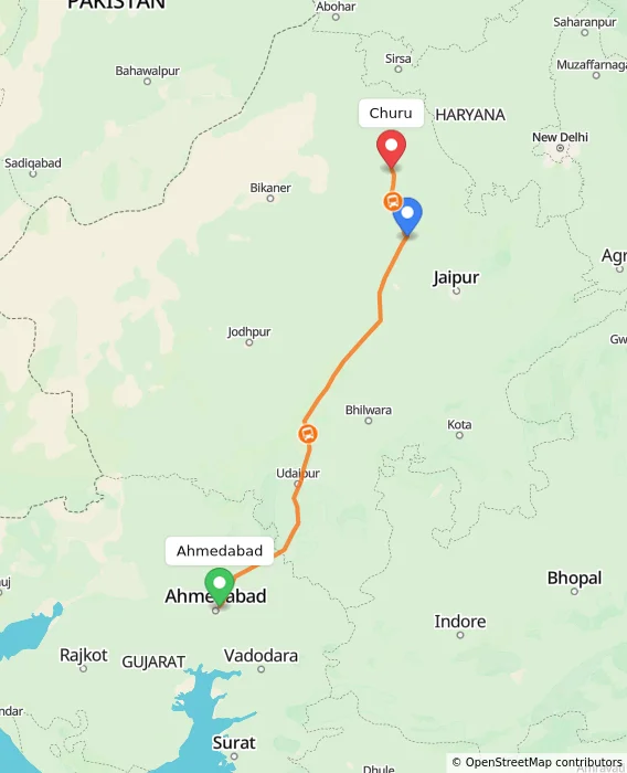 Route map showing distance and travel time from Ahmedabad, India to Churu, India