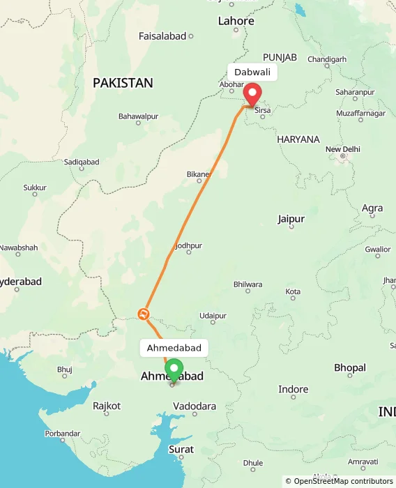 Route map showing distance and travel time from Ahmedabad, India to Dabwali, India