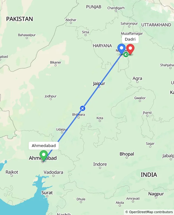 Route map showing distance and travel time from Ahmedabad, India to Dadri, India