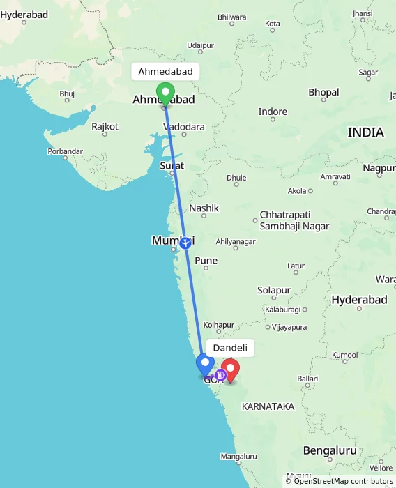 Route map showing distance and travel time from Ahmedabad, India to Dandeli, India