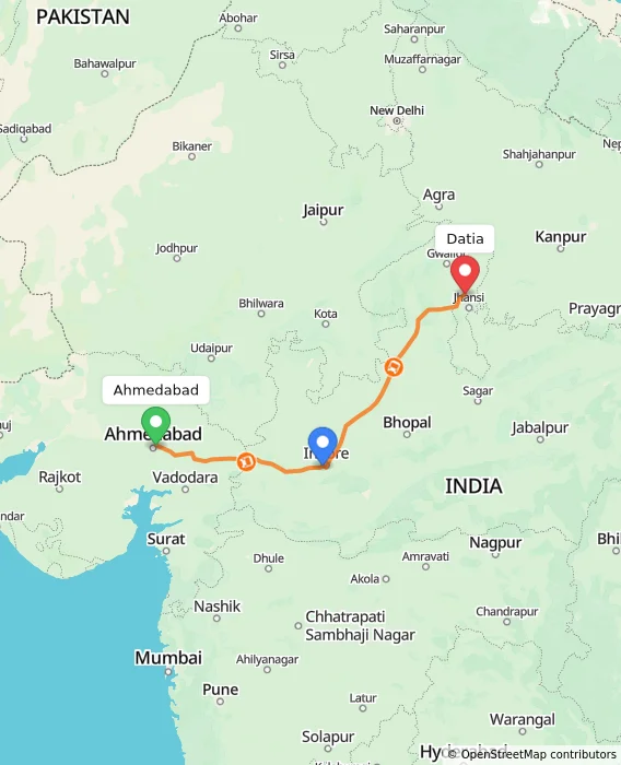 Route map showing distance and travel time from Ahmedabad, India to Datia, India