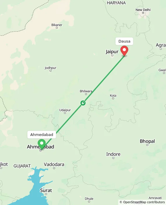 Route map showing distance and travel time from Ahmedabad, India to Dausa, India