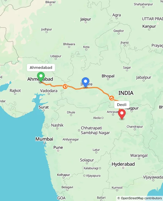 Route map showing distance and travel time from Ahmedabad, India to Deoli, India