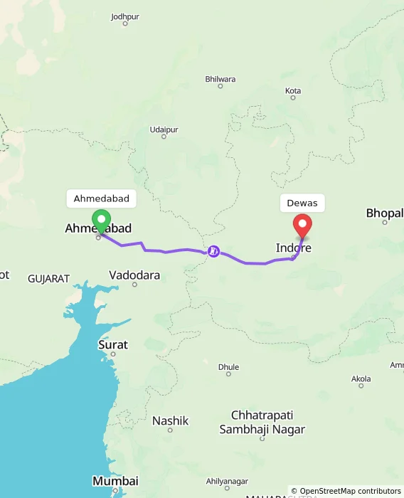 Route map showing distance and travel time from Ahmedabad, India to Dewas, India