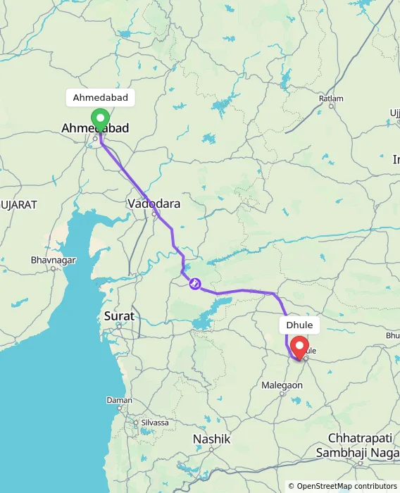 Route map showing distance and travel time from Ahmedabad, India to Dhule, India