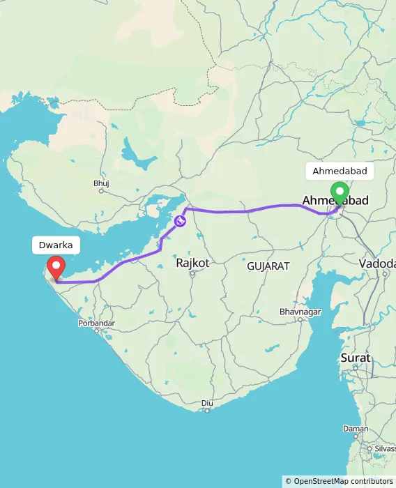 Route map showing distance and travel time from Ahmedabad, India to Dwarka, India