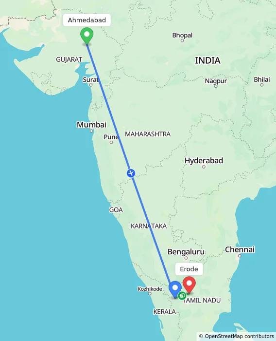 Route map showing distance and travel time from Ahmedabad, India to Erode, India