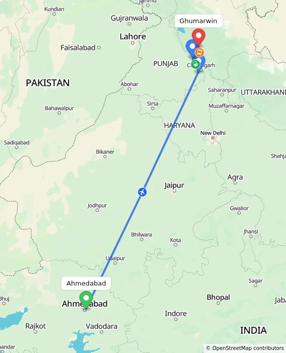 Route map showing distance and travel time from Ahmedabad, India to Ghumarwin, India