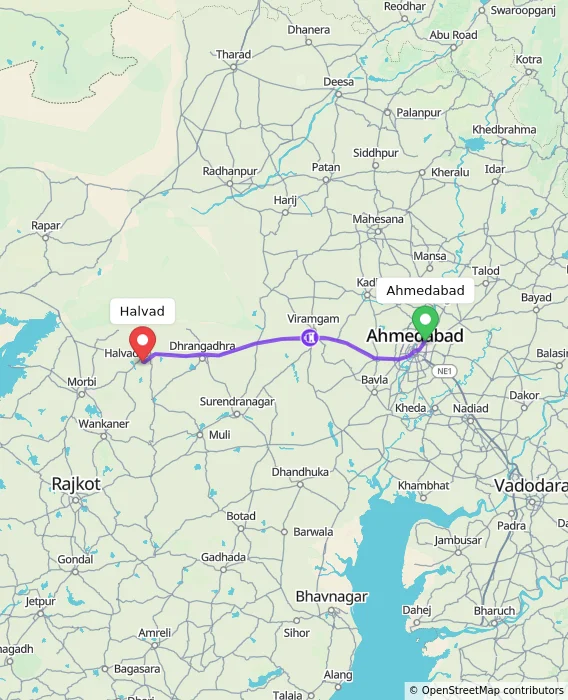 Route map showing distance and travel time from Ahmedabad, India to Halvad, India