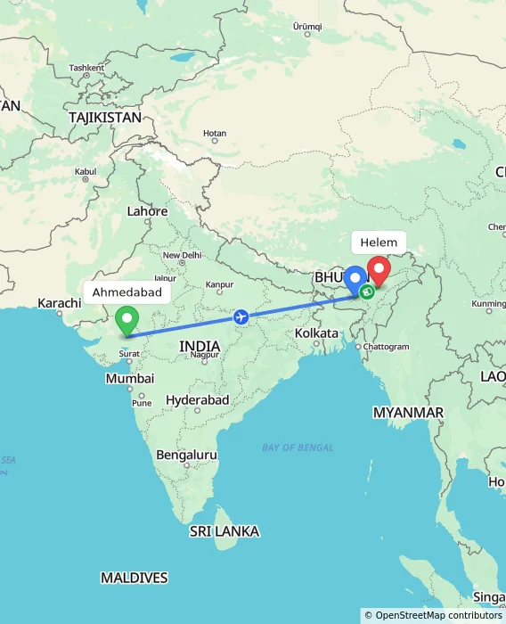 Route map showing distance and travel time from Ahmedabad, India to Helem, India