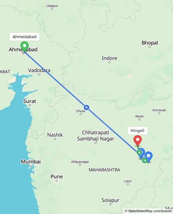Route map showing distance and travel time from Ahmedabad, India to Hingoli, India