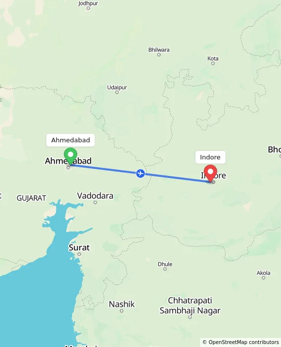 Route map showing distance and travel time from Ahmedabad, India to Indore, India