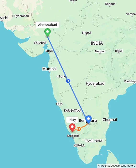 Route map showing distance and travel time from Ahmedabad, India to Iritty, India