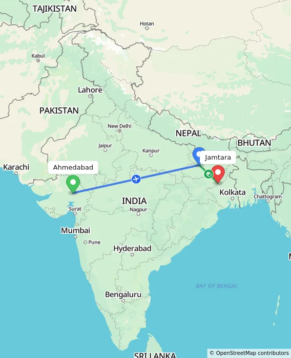 Route map showing distance and travel time from Ahmedabad, India to Jamtara, India