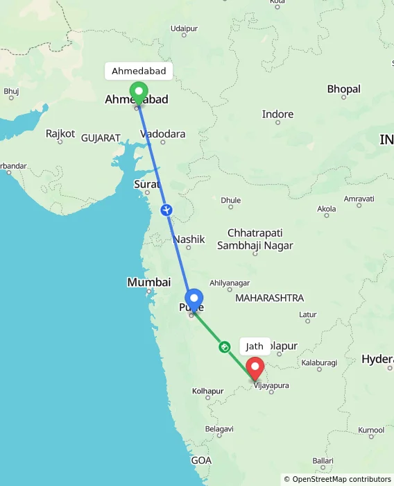 Route map showing distance and travel time from Ahmedabad, India to Jath, India