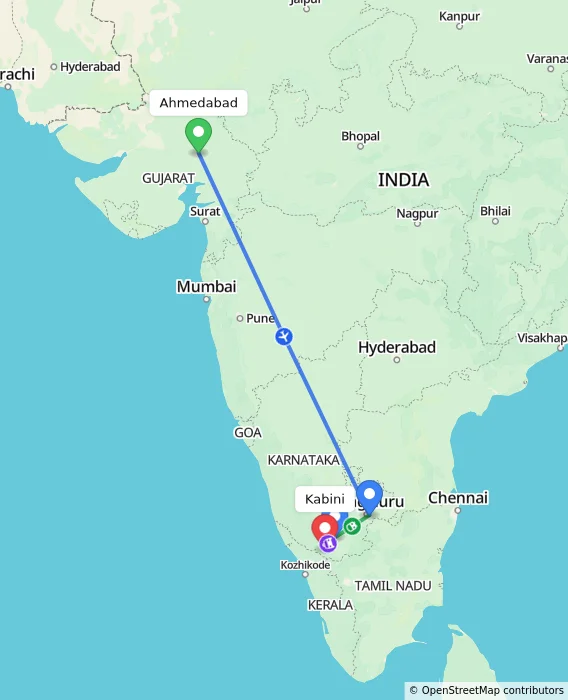 Route map showing distance and travel time from Ahmedabad, India to Kabini, India