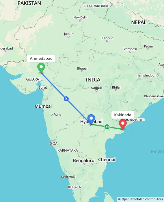 Route map showing distance and travel time from Ahmedabad, India to Kakinada, India
